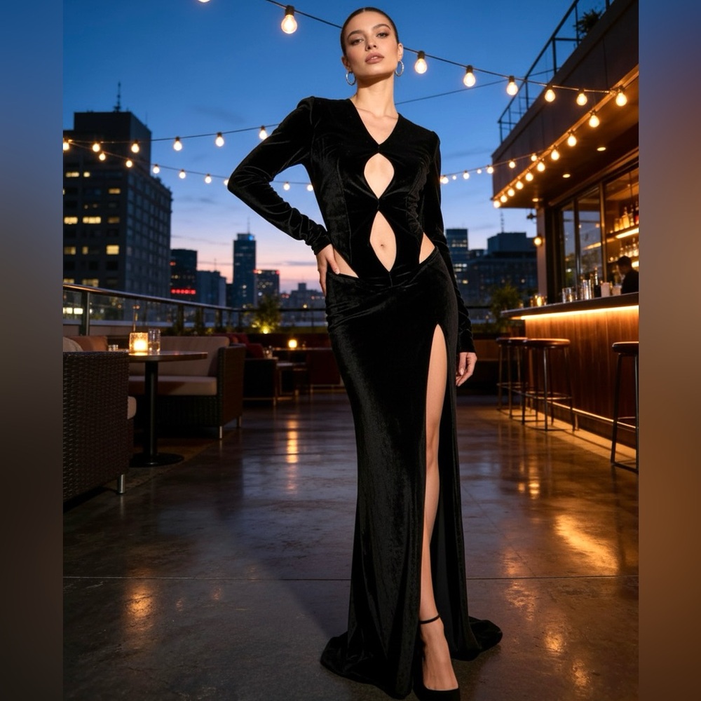 ModaGlam × Morgan Osman x L'Animal Socialite Black Velvet Gown Maxi Dress